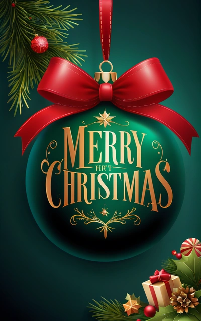 A Christmas ornament with a red bow and a green background with a red ribbon and a red bow on it, hanging from a pine tree, plain background, a digital rendering, naive art