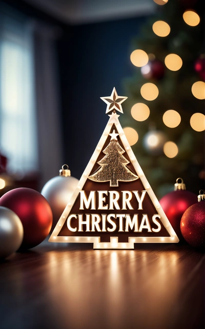 A Christmas tree with a Merry Christmas sign on it and ornaments around it on a table with a Christmas tree in the background and a window, plain background, a digital rendering, naive art