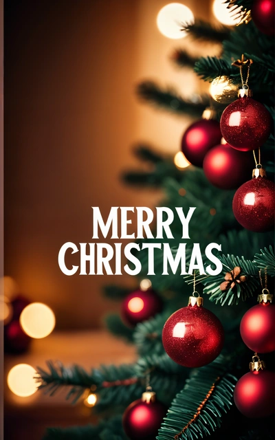 A Christmas tree with red ornaments and a Merry Christmas message on it's side and a brown background with lights in the background and a white text box, plain background, a digital rendering, naive art