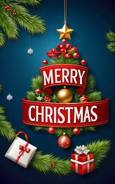 A Merry Christmas tree with presents and a ribbon on it's side, with a star above it and a ribbon around the tree, plain background, a digital rendering, naive art
