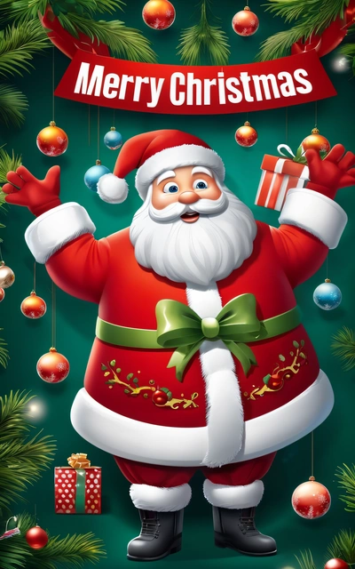 A Christmas card with a santa clause holding a present box and a red ribbon with a Merry Christmas message on it, surrounded by Christmas decorations, behance hd, a digital rendering, naive art