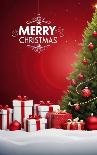 A Christmas tree with presents under it and a Merry Christmas message above it on a red background with a snow - covered landscape and a red background, plain background, a digital rendering, naive art