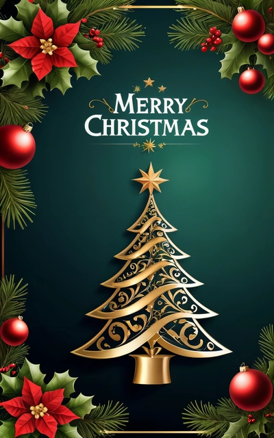 A Christmas card with a Christmas tree and decorations on it, and a Merry message in the center of the card, on a green background with gold trimming, post processed, a digital rendering, naive art