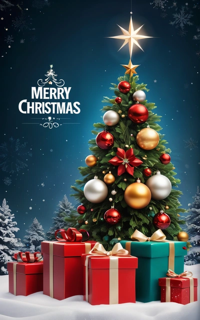 A Christmas tree with presents under a star on top of it and a blue background with snowflakes and stars on it, with a Merry Christmas message, poster, a digital rendering, naive art
