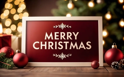A picture frame with a Merry Christmas message on it next to Christmas decorations and a Christmas tree in the background with lights on the tree, post processed, a digital rendering, naive art