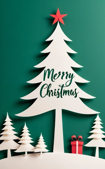 A paper cut Christmas tree with a red star on top of it and a green background with a red bow and a red ribbon on the bottom, plain background, a poster, naive art
