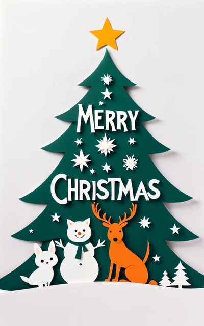 A Christmas tree with a cat and a dog on it and a star on top of it with Merry Christmas written on it and a white background, poster, a poster, naive art