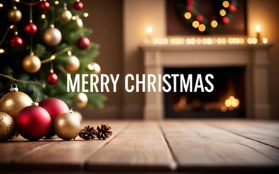 A Christmas tree with ornaments and a fireplace in the background with a Merry Christmas message in the middle of the picture with a pine cone, plain background, a digital rendering, naive art