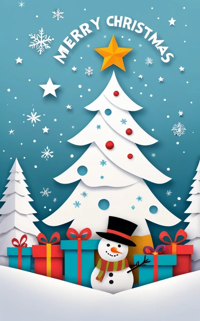 A snowman with a hat and a gift box under a Christmas tree with a star on top of it and a Merry Christmas message, plain background, a poster, naive art