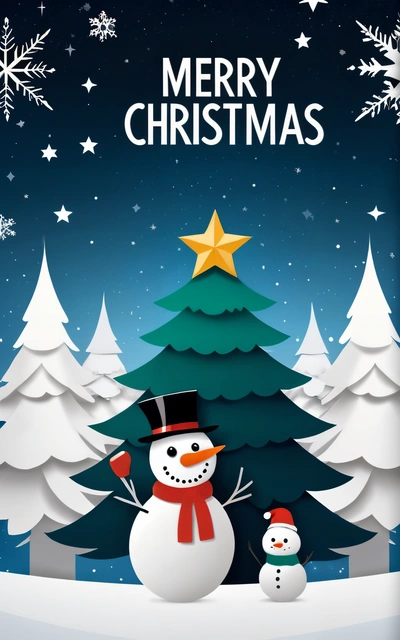A snowman and a snowman are standing in front of a Christmas tree with a star on top of it and a Merry Christmas message below, poster, a poster, naive art