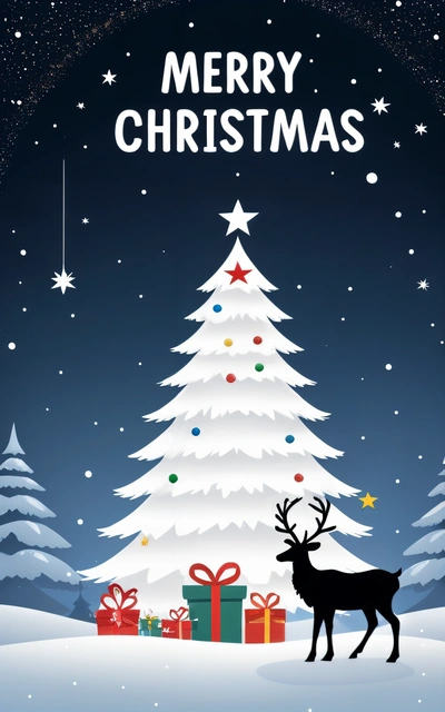 A Christmas card with a reindeer and presents under a tree with a Merry Christmas message on it's side and a star above the tree, poster, a poster, naive art