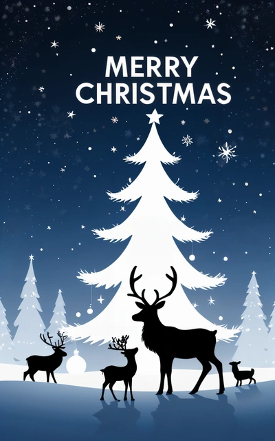 A Christmas card with a deer and a tree in the snow with snowflakes on it and a Merry Christmas message in the background, poster, a poster, naive art