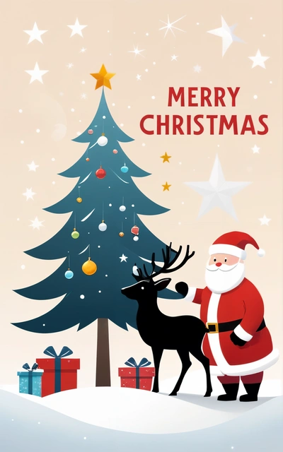 A santa claus is standing next to a Christmas tree with presents on it and a star on the top of the tree, and a deer is looking at the bottom, plain background, a digital rendering, naive art