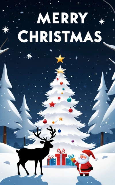 A Christmas card with a santa claus and a reindeer in front of a Christmas tree with a star on it and a star on the top, poster, a poster, naive art