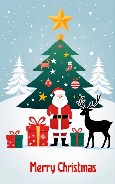A Christmas card with a santa claus and a reindeer by a Christmas tree with presents under it and a star on top of it,, plain background, a digital rendering, naive art
