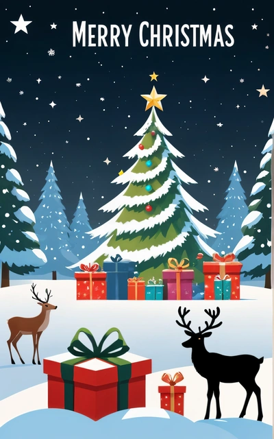 A Christmas card with a deer and presents in the snow with a Christmas tree in the background and a star on top of the card, plain background, computer graphics, naive art