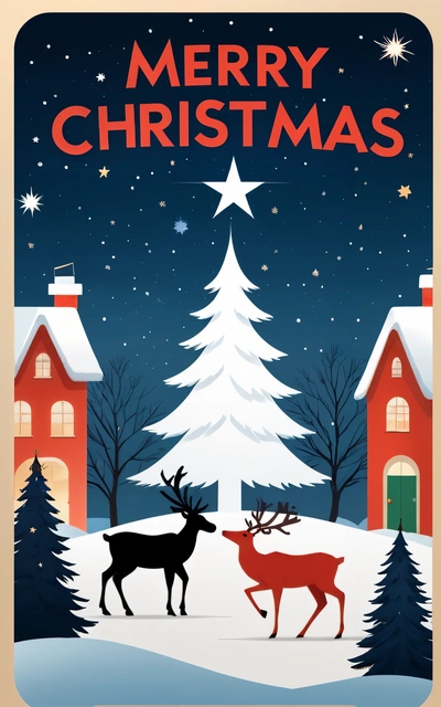 A Christmas card with a deer and a house in the background with a star on top of it and a Merry Christmas message below it, poster, a poster, naive art