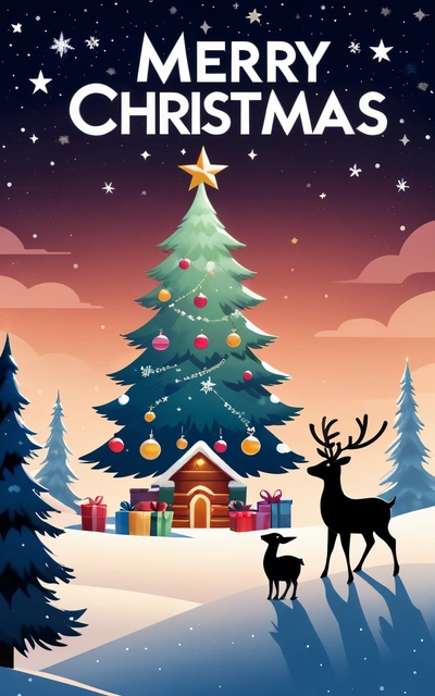 A Christmas card with a deer and a house in the snow with a Christmas tree in the background and a star on top of the tree, poster, a poster, naive art