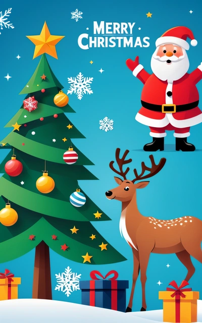 A Christmas card with a santa claus and a deer next to a Christmas tree with presents under it and a star on the top of the tree, plain background, computer graphics, naive art