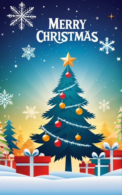 A Christmas tree with presents in the snow and a Merry message on it's side, with a star on top of it, and a gift box underneath, poster, a poster, naive art