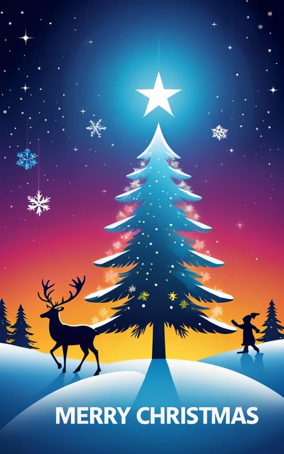 A Christmas tree with a star on top of it and a reindeer in front of it with snowflakes on the ground and stars, plain background, a digital rendering, naive art