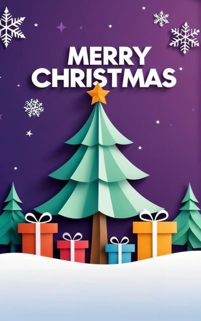 A Christmas card with presents and a tree in the snow with snowflakes on it and a Merry Christmas message above it that reads Merry Christmas, affinity photo, computer graphics, naive art