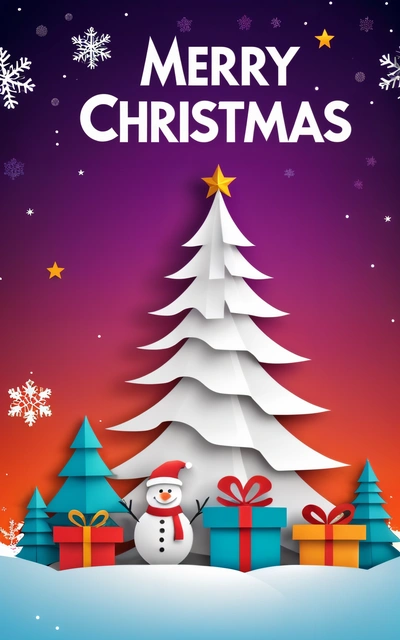 A Christmas card with a snowman and presents under a tree with a Merry Christmas message on it, and a purple background with snowflakes, poster, a digital rendering, naive art