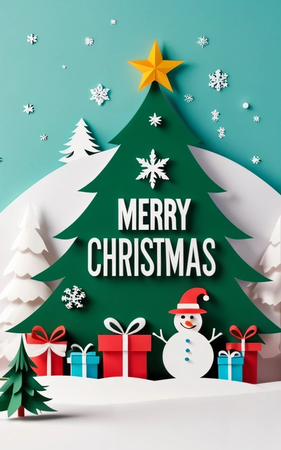 A Christmas tree with presents under it and a star on top of it with Merry Christmas written on it and a snowman in front of it, plain background, computer graphics, naive art
