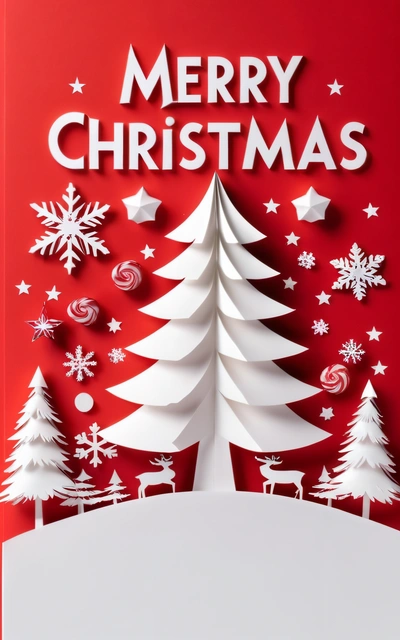 A red and white Christmas card with a paper cutout of a tree and snowflakes on it, and a Merry Christmas message, book cover, a poster, international typographic style
