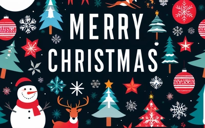 A Merry Christmas card with a snowman and reindeer surrounded by Christmas trees and snowflakes on a black background with a Merry message, plain background, a digital rendering, international typographic style