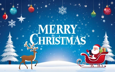A Merry Christmas scene with santa claus and reindeers in a sleigh with a blue background and snowflakes hanging from the ceiling, post processed, computer graphics, naive art