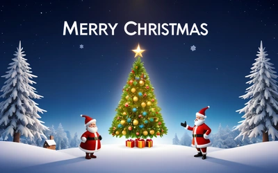 A Christmas tree with santa claus and a star on it in the snow with a man standing next to it and a Christmas tree with presents, post processed, computer graphics, naive art