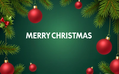 A Christmas card with red ornaments and a green background with the words Merry Christmas on it and a green background with a red baub, plain background, a digital rendering, naive art