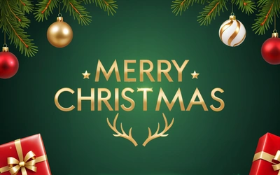 A Merry Christmas card with presents and ornaments on a green background with gold lettering and a gold bow and a green background with gold lettering, plain background, a digital rendering, naive art