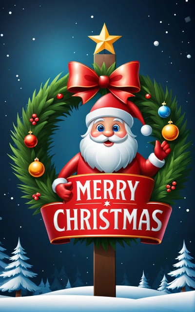 A Merry Christmas sign with a santa clause holding a wreath and a star on top of it, with a snow covered background and a blue sky, post processed, a digital rendering, naive art