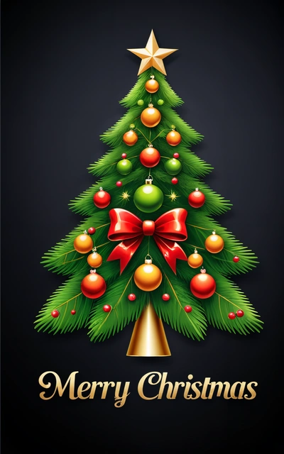 A Christmas tree with a star on top of it and a ribbon around it's neck and a bow on the top of it, plain background, a digital rendering, computer art