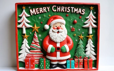 A Christmas decoration with a santa clause and presents on it's side, on a white surface, with a white background, with a green border, red border, and white border, and red border, with a, figurine, a digital rendering, naive art