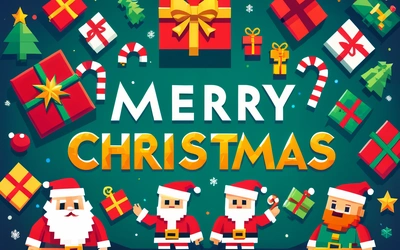 A Merry Christmas card with santa and presents on a blue background with a green background and yellow lettering that reads Merry Christmas, with santa, 4k uhd image, computer graphics, naive art