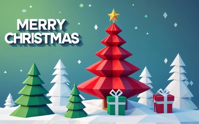 A Merry Christmas card with a Christmas tree and presents in the snow with a star on top of it and a green background with snow, behance hd, a low poly render, computer art