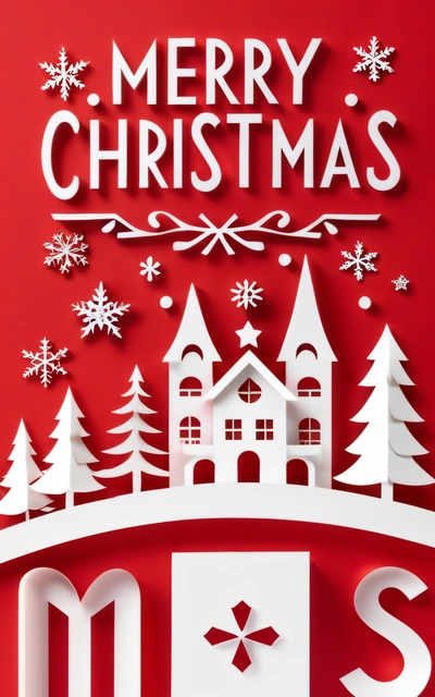 A red and white Christmas card with a castle and trees on it, and Merry Christmas message below it, on a red background with snowflakes, book cover, a poster, naive art