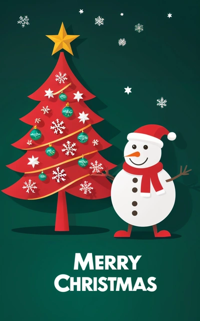 A Christmas tree with a snowman standing next to it and a Merry message on the bottom of the tree, with a star on the top of the tree, plain background, a digital rendering, naive art