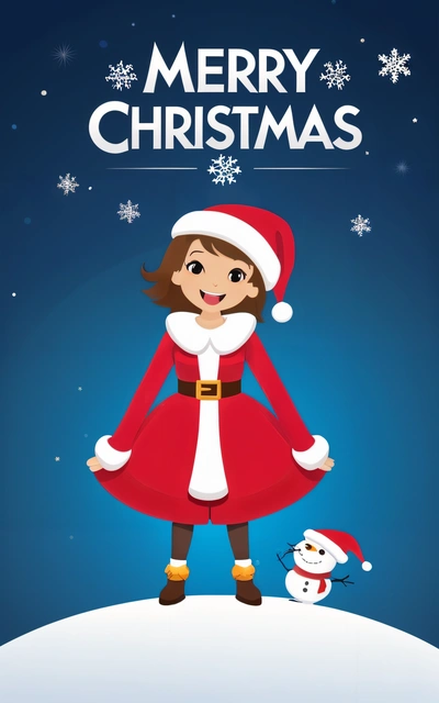 A girl in a santa claus outfit standing on a hill with a snowman in the background and Merry Christmas card design on the front, promotional image, a digital rendering, naive art