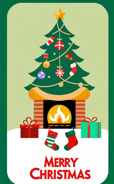 A Christmas tree with stockings and presents in front of a fireplace with a Merry Christmas message below it on a green background with a red, poster, a digital rendering, folk art