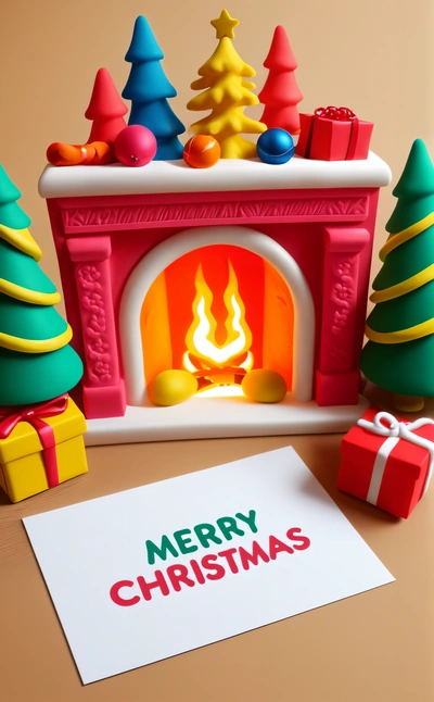 A Christmas card with a fireplace and presents on the table next to it, with a Merry Christmas message on the card, and a gift box, 3 d model, a 3d render, naive art