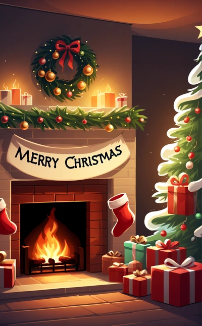 A Christmas fireplace with presents and a wreath on top of it and a Merry Christmas sign above it that says Merry Christmas on the mantle, hd wallpaper, a digital rendering, computer art