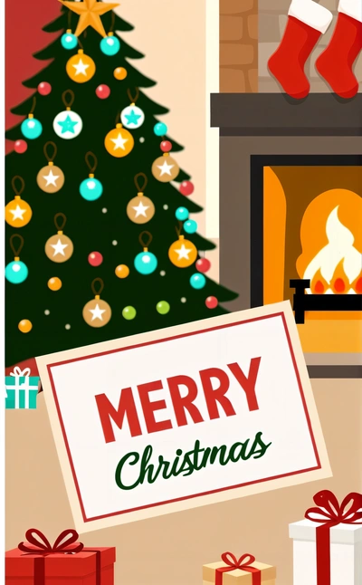 A Christmas tree with a sign that says Merry Christmas next to a fireplace with stockings and stockings on it and a sign that says Merry Christmas, plain background, a digital rendering, naive art