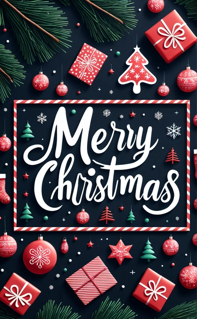 A Merry Christmas card with presents and ornaments on a dark background with a Merry message in the center of the card and a red box, white background, a digital rendering, international typographic style