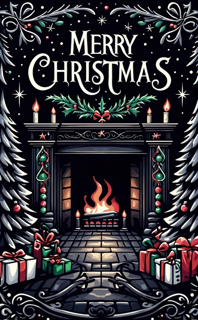A Christmas card with a fireplace and presents in front of it, with a Merry Christmas message on the front of the card and a fireplace, book cover, a poster, folk art