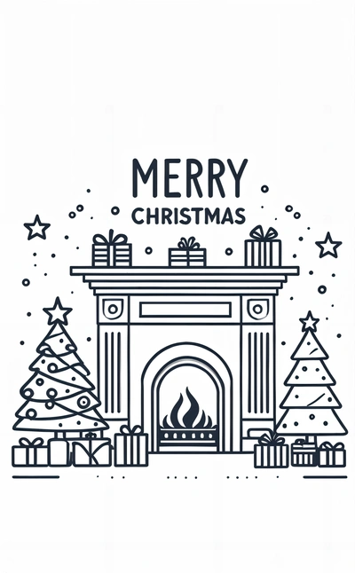 A Christmas card with a fireplace and presents on it, and a Merry Christmas message above it, in black and white, with a line drawing of a fireplace, smooth and clean vector curves, a digital rendering, lyco art