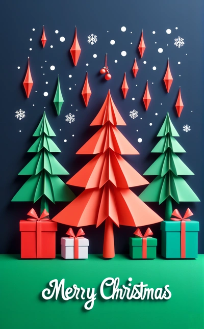 A Christmas card with a paper cut Christmas tree and presents under the snowflakes and snowflakes on the background of the card, 3 d render, a 3d render, naive art